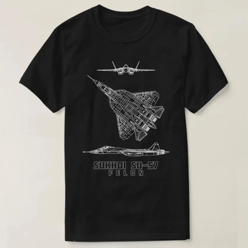 2026 Sukhoi Su57 Russian Stealth Fighter Plane Blueprin Cotton Tshirt Casual Unisex Tops Tees Men's Cloth
