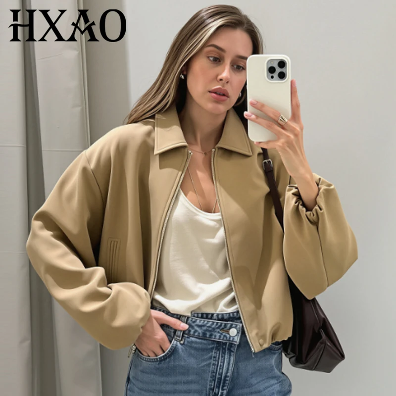 HXAO Crop Puff Loose Outerwear Damen Bomberjacke Herbst 2026 Beige Khaki Schwarz Mantel Lässige Reißverschluss-Langarm-Oberteile für Damen