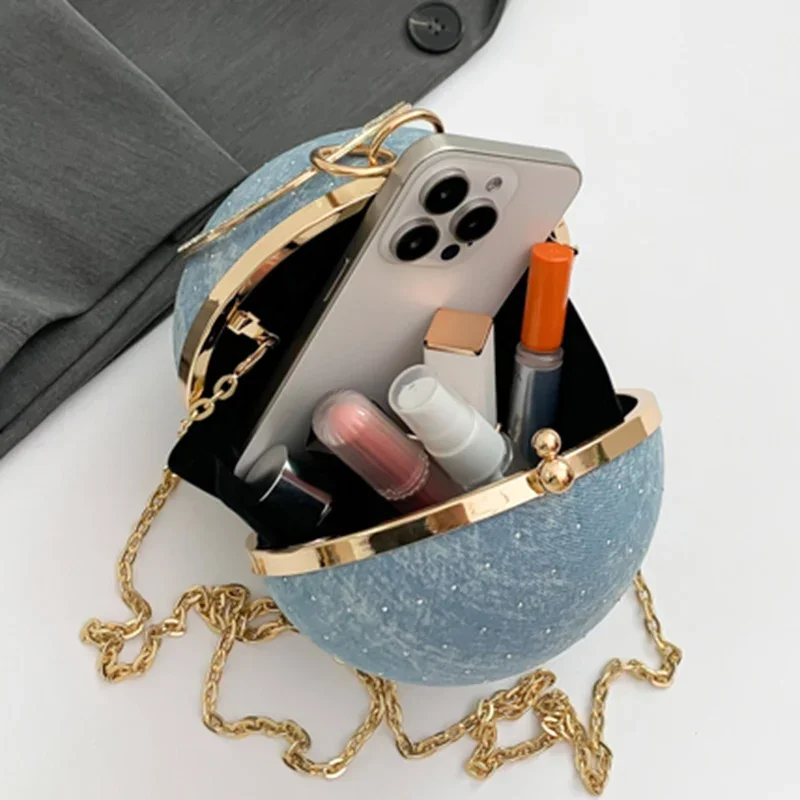 Luxury Designer Women Top Handle Ball Box Bags Chain Handbags Glitter Crystal Blue Crossbody Bags Evening Clutch Coin Wallet