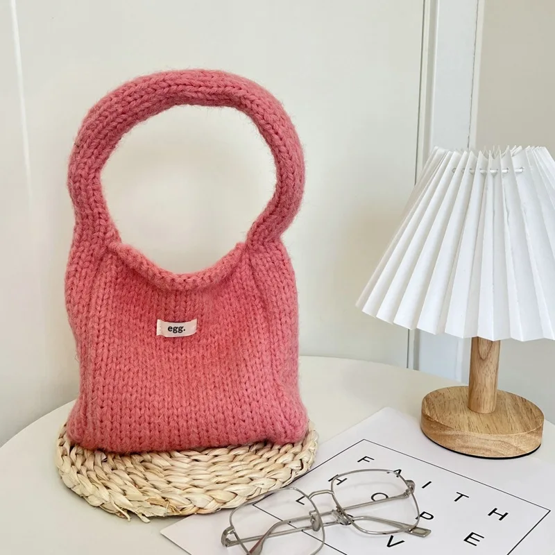 Handmade Knitted Handbag Fashion Minimalist Wool Woven Shoulder Bag Korean Solid Versatile Student Commuting Pouch Shopping Tote