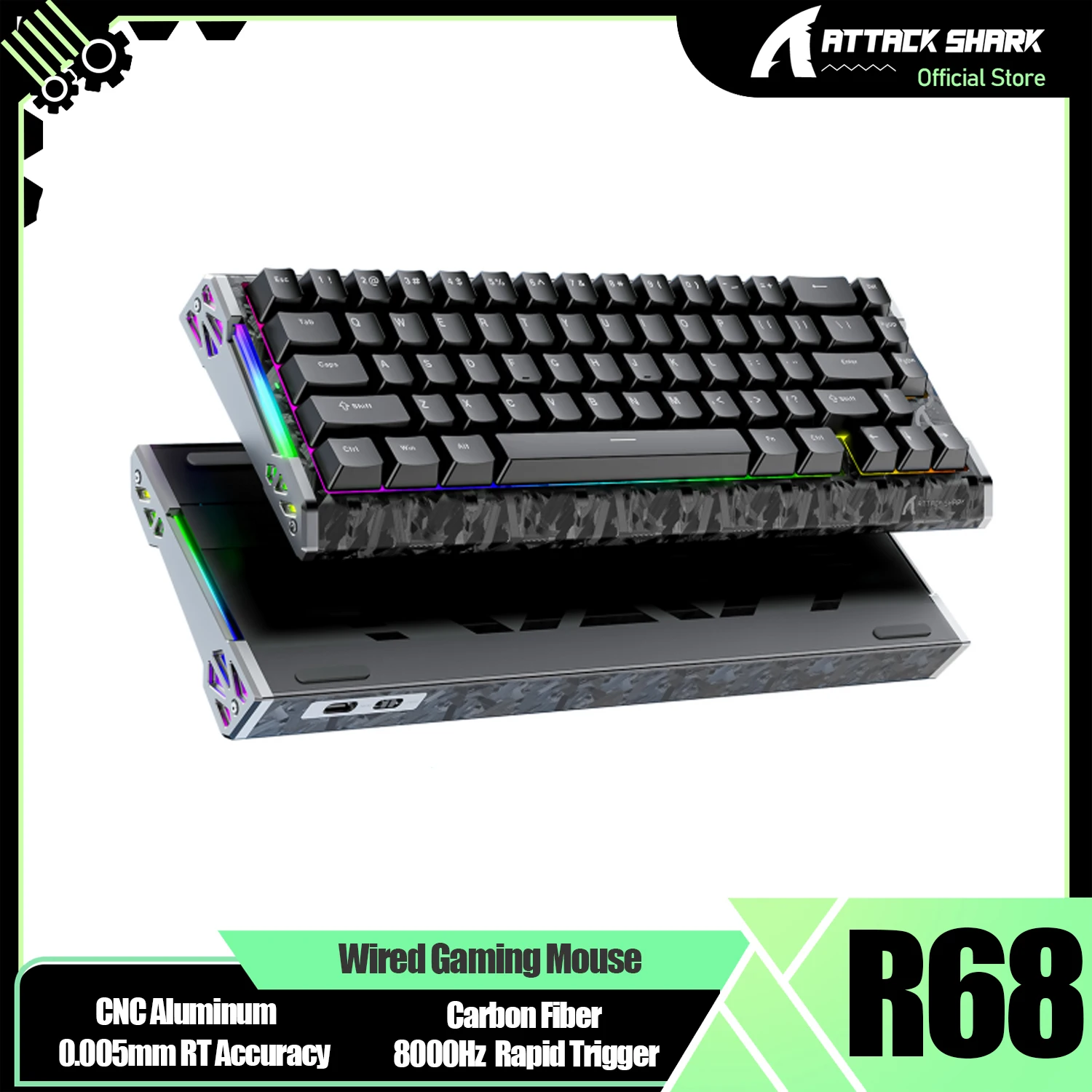 ATTACK SHARK R68 HE 8000Hz Carbon Fiber Rapid Trigger Gaming Keyboard, 60% RGB Hall Effect Wired Magnetic Keyboard, CNC Aluminum