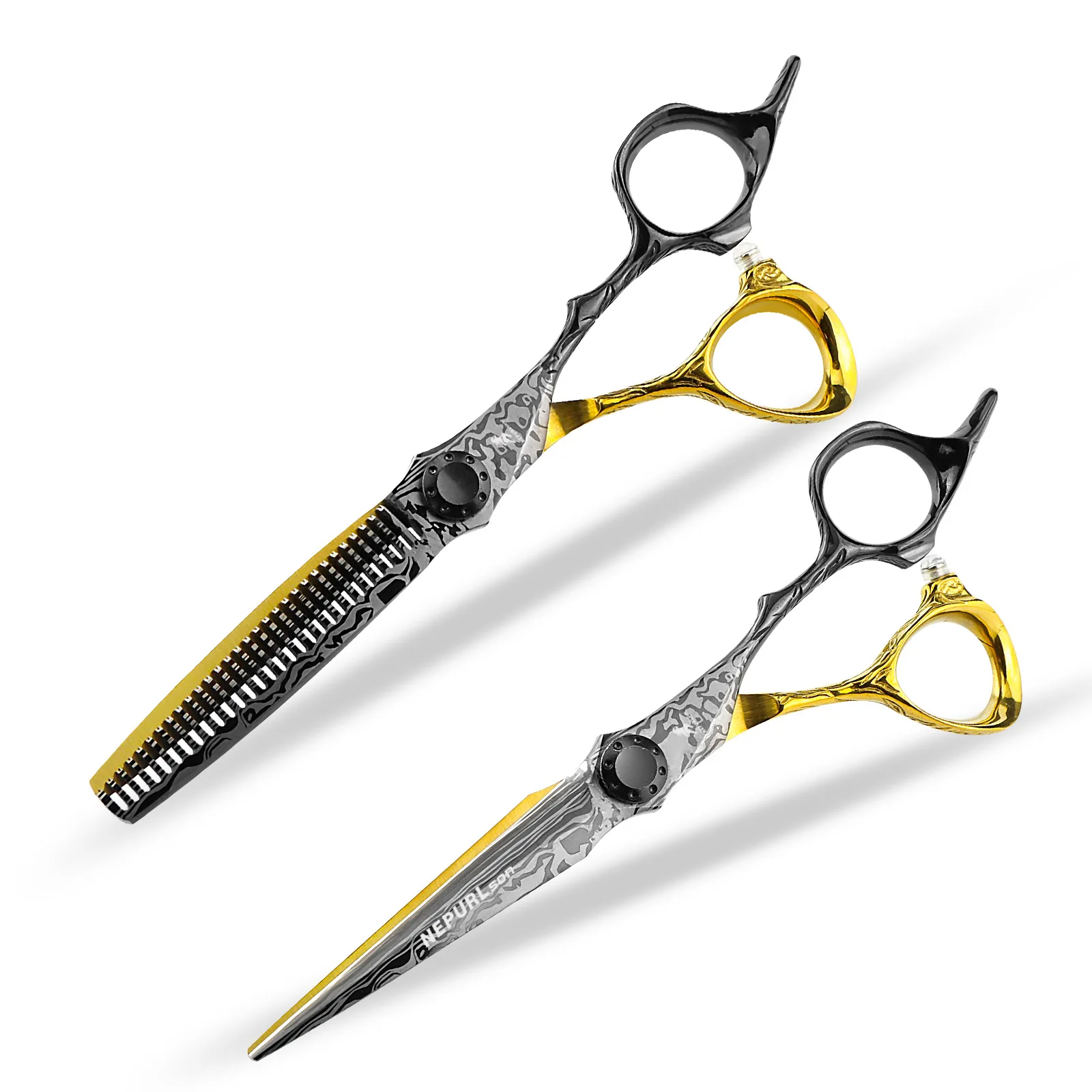 6.0-inch black gold handle 440c steel hair scissors, designed by professional hairstylists, suitable for hair styling.