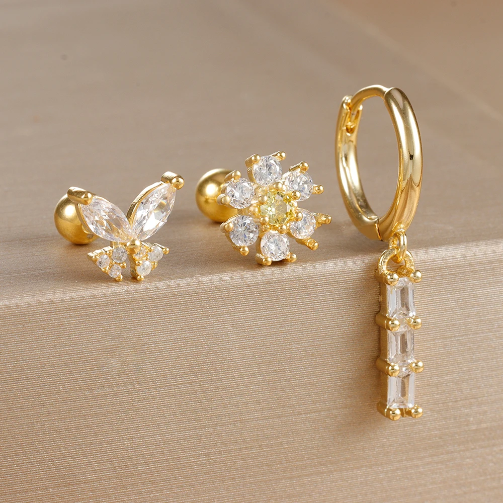 3PCS Trendy Multicolor Zircon Hoop Earrings Set for Women Cute Huggie Pendant Butterfly Ear Stud Earring Piercing Jewelry Gift