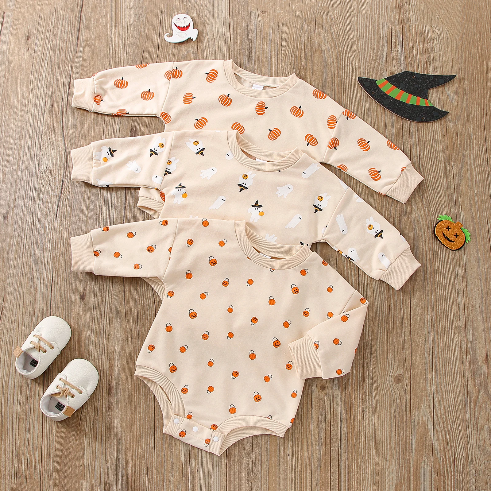 Baby Girls Halloween Casual Sweatshirt Romper Long Sleeve Ghost/Pumpkin/Lantern Print Bodysuits Jumpsuits Fall Winter Clothes