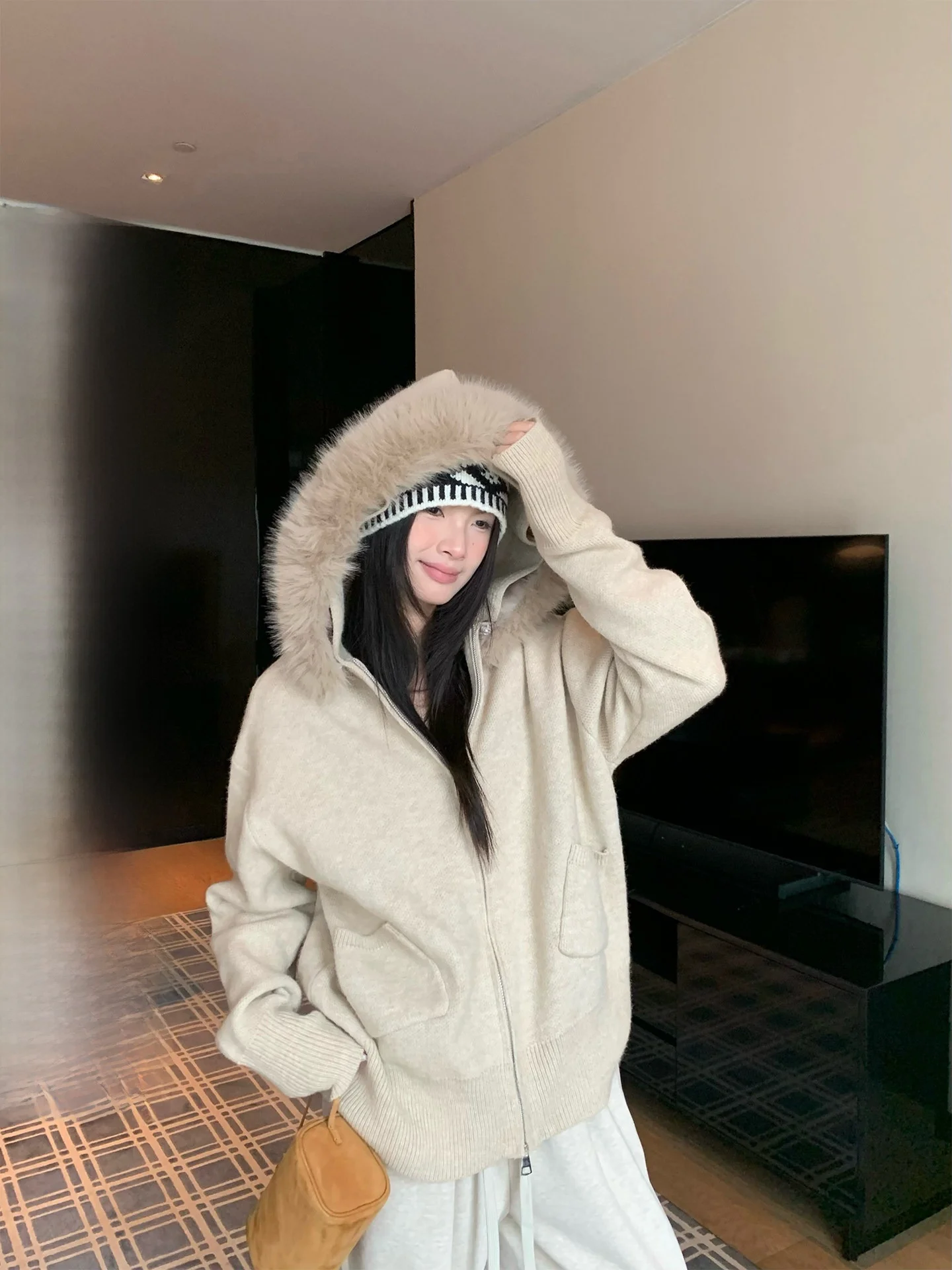 

Detachable Korean Sle Women's Knitted Cardigan Hooded Jaet Loose Fit Casual Wear Long Sve round Ne Coat