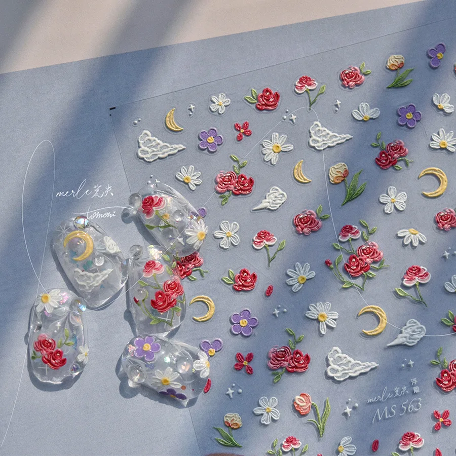 1 pçs 5d alívio cinco pétalas flor arte do prego adesivos kawaii requintado vermelho rosa decoração do prego decalques adesivo transferência slider diy
