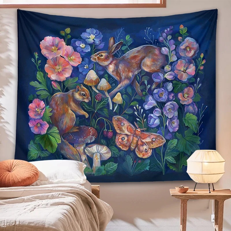 Rabbit Floral Garden Tapestry Wall Hanging Print Wildflower Mushroom Moth Bohemian Wall Cloth Skeleton Rose Flower Blanket Decor