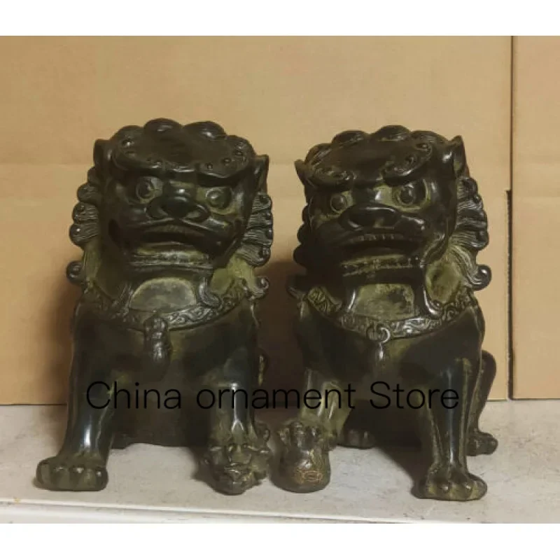 Pair Old Bronze lucky Animals Lions FengShui Fu Dog Lion Wealth Ball Head Statue