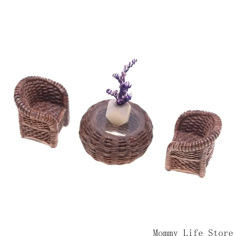 

Miniature Resin Wicker Table & Chairs Set Handcrafted Bamboo for Dollhouse Displays (Realistic