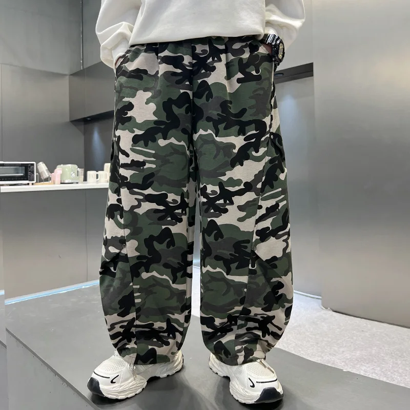 Loose Casual Boy's Military Green Camouflage Pants Korean Style Kids Outdoor Sports Trousers Children Hiking Camo Sweatpants