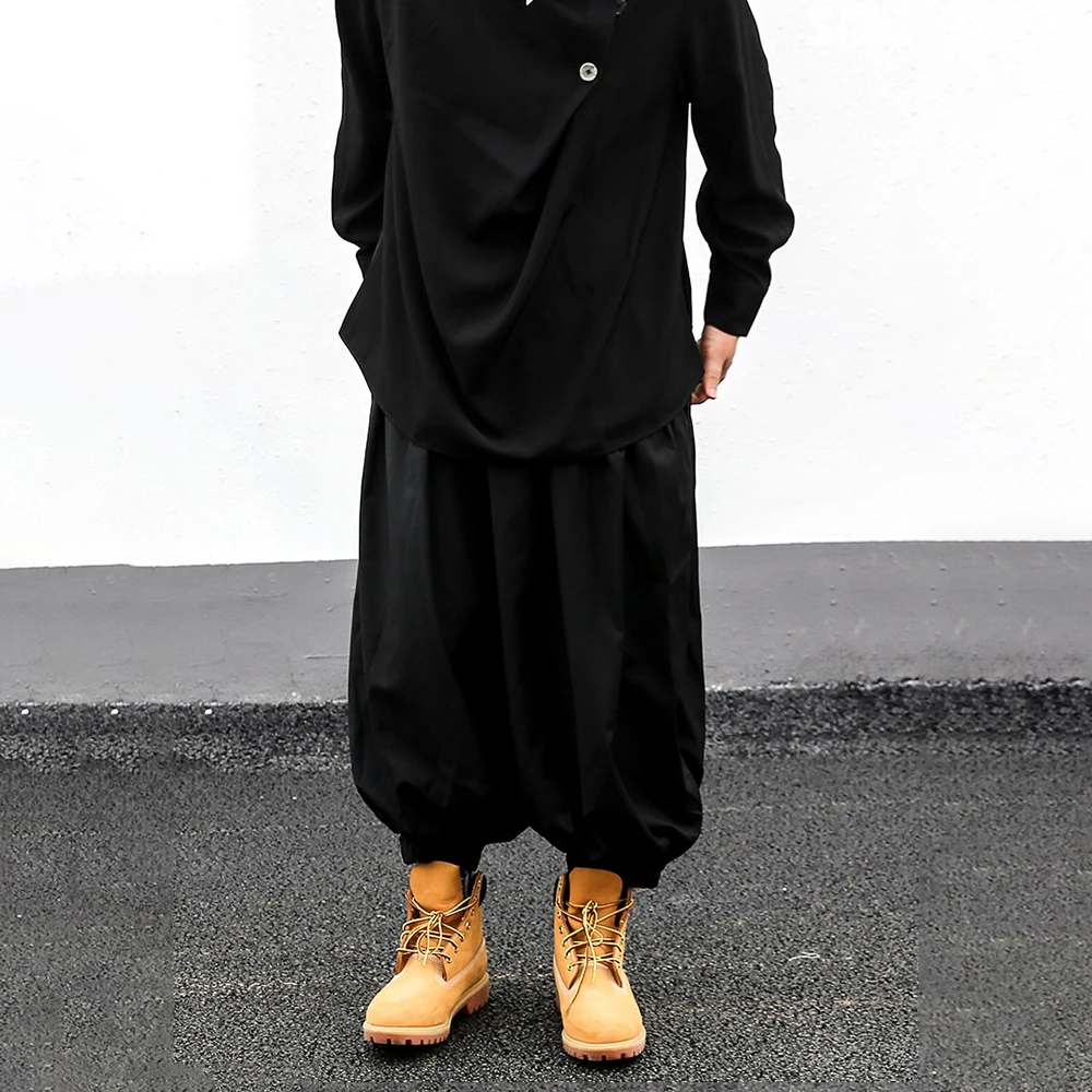 Mens Dark Plain Casual Low-Cross Lantern Pants Streetwear Fashion Youth Outdoor Trend Japanese Wide-Leg Pants Men'S Clothing New