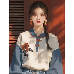 Women Clothing Spring Summer Chinese Style Young Style Button Embroidered Cotton Trend Loose Elegant Long Sleeve Shirts Top Tee