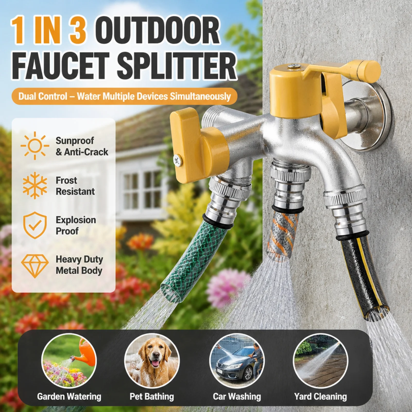 Outdoor Garden Water Faucet Space Saving Three Outlet Brass Tap for Yard Car Washing Balcony Irrigation