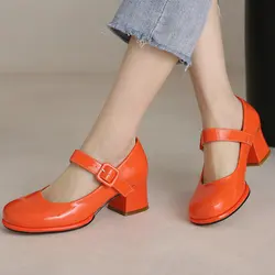 Patent PU Leather Orange Red Closed Toe Women Pumps Big Size 47 48 Mature Lady Office Shoes Buckle Strap Mary Janes Chunky Heels