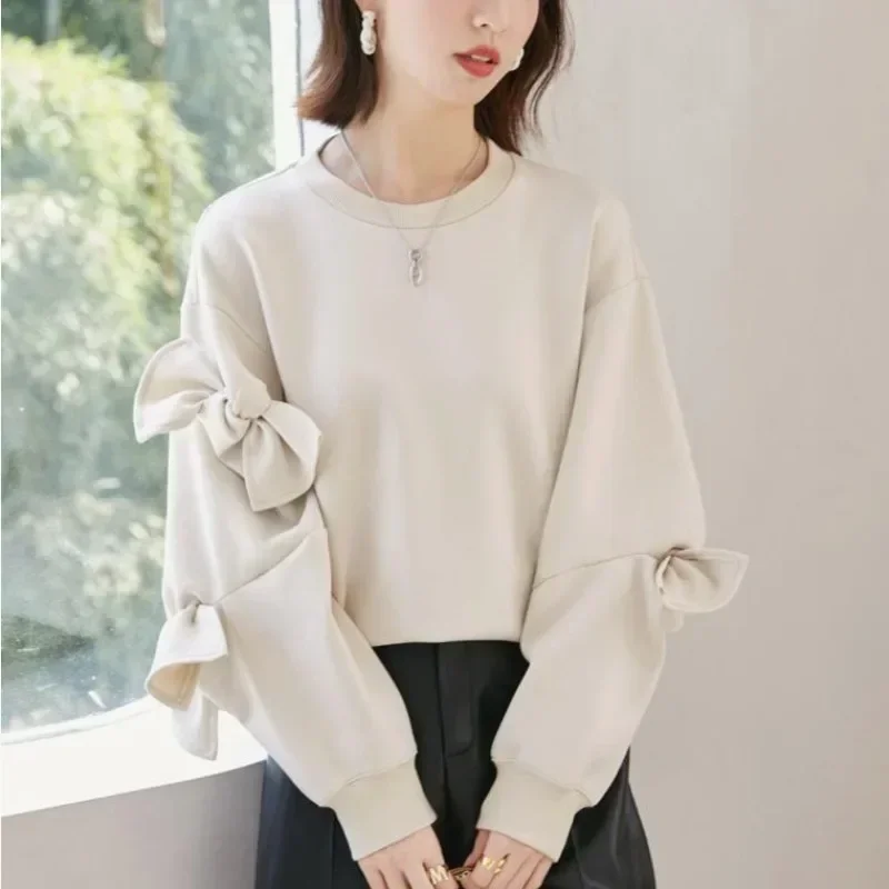 New Sweatshirts Women Solid Bow Creativity Sweet All-match Autumn Students Age-reducing Literary Simple Korean Style Prevalent