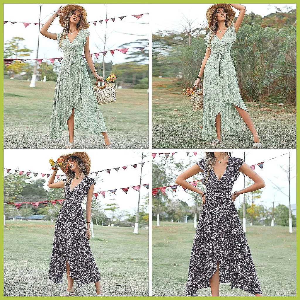 Elegant Bohemian Long Dress for Women, V-Neck Short Sleeve Holiday Beach Dress