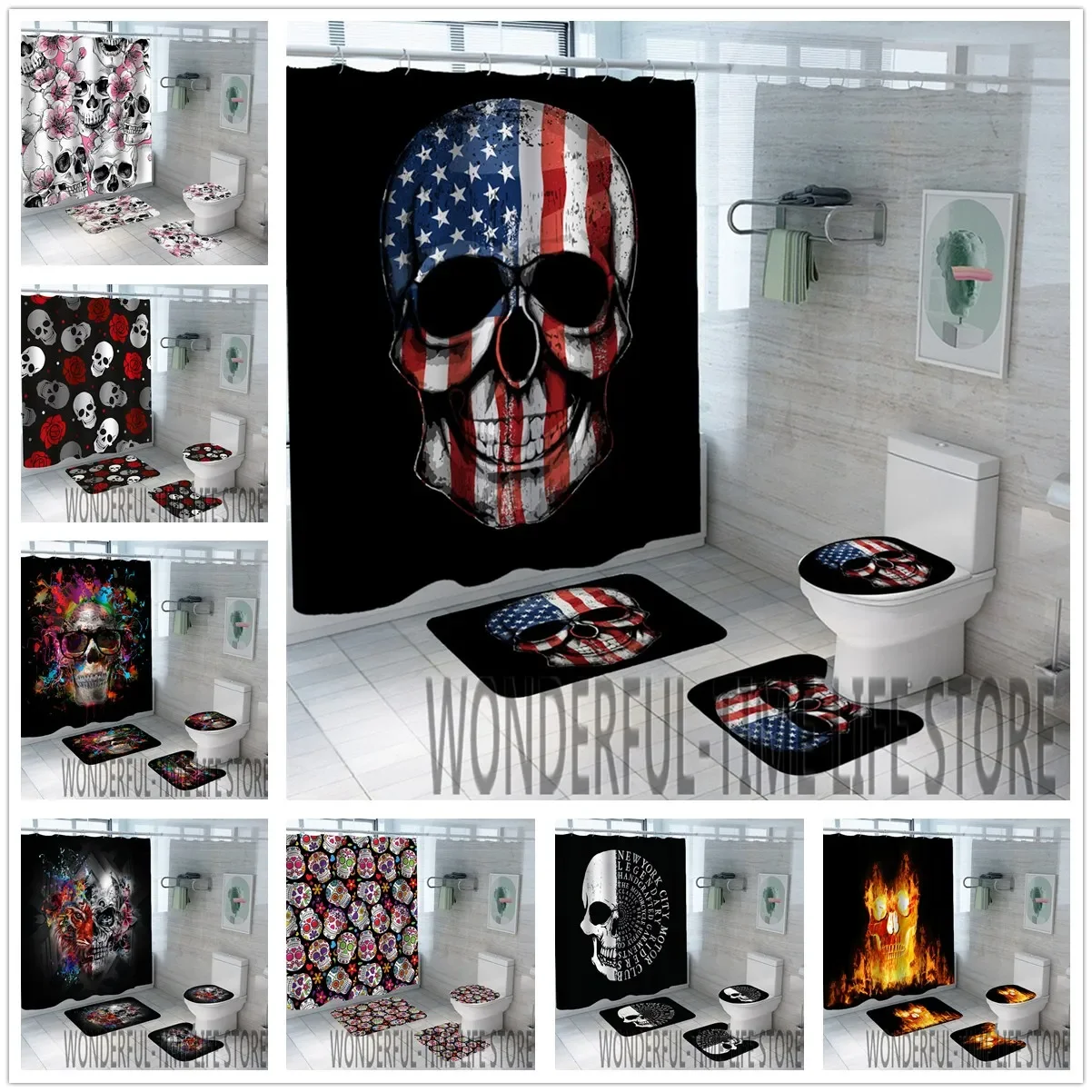 Halloween Horror Skeleton Waterproof Shower Curtain Mildew Proof American Flag Skull Bathroom Non-Slip Rug Mat Eco-Friendly Set