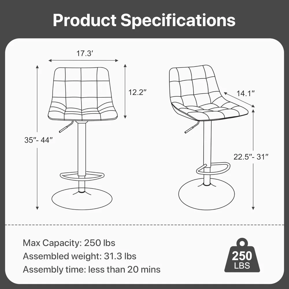 Bar Stool Set of 2 for Kitchen Counter, Adjustable Swivel Armless Barstools with Back Modern PU Leather Island Chairs Bar Height