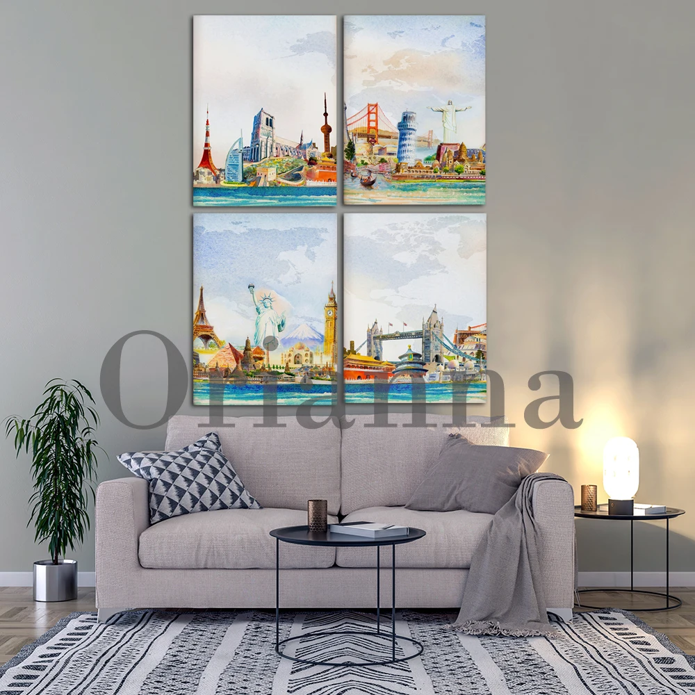 World Landmarks Dubai Canada Eiffel Tower Sydney London China Italy Usa India Egypt Wall Art Prints Poster Office Decor Painting