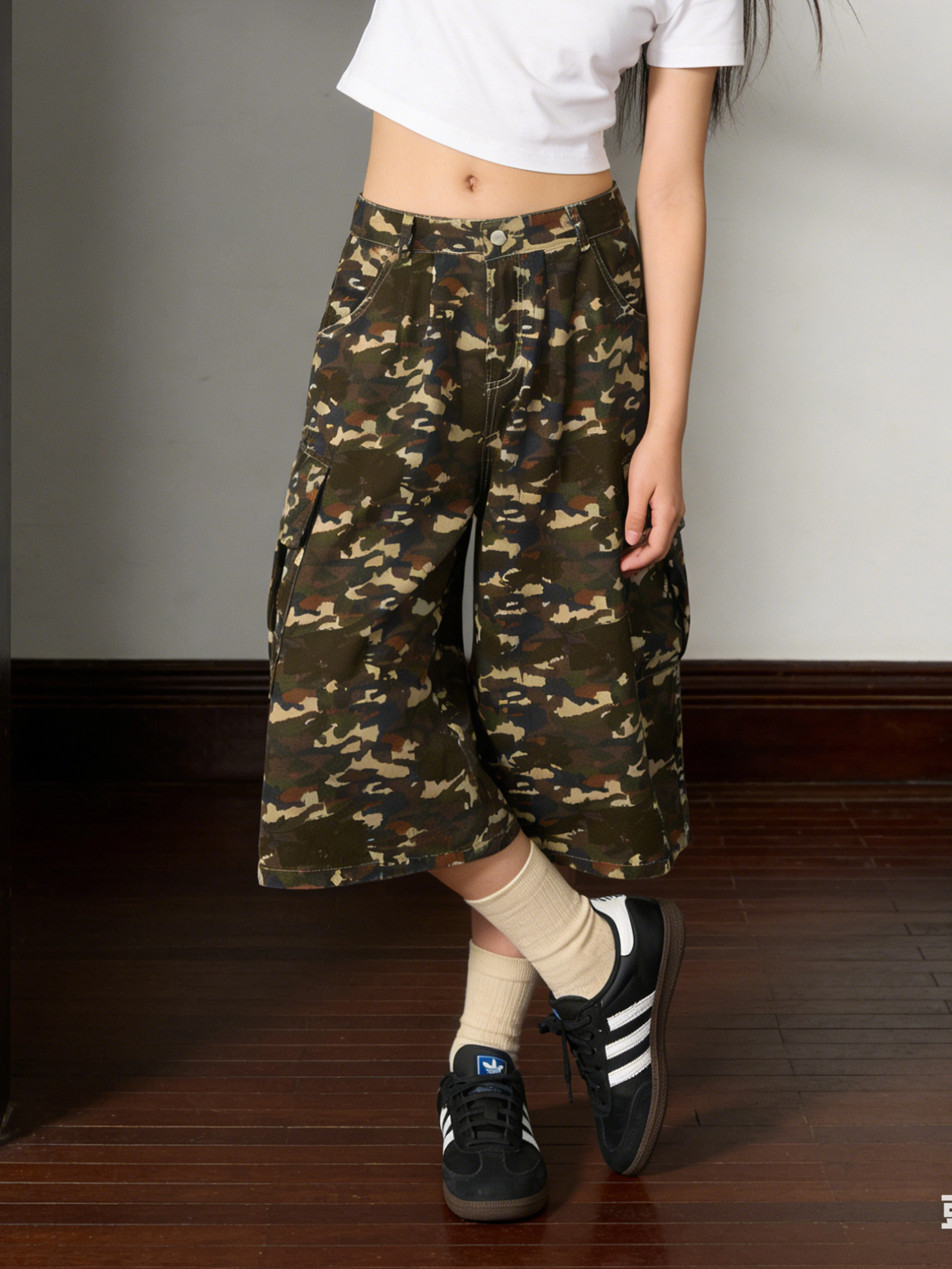 

Loose Wide Leg Seven-Foot Jeans Women's Casual Cotton Cargo Pocket American Retro Camouflage Denim Pants Spring Fashion