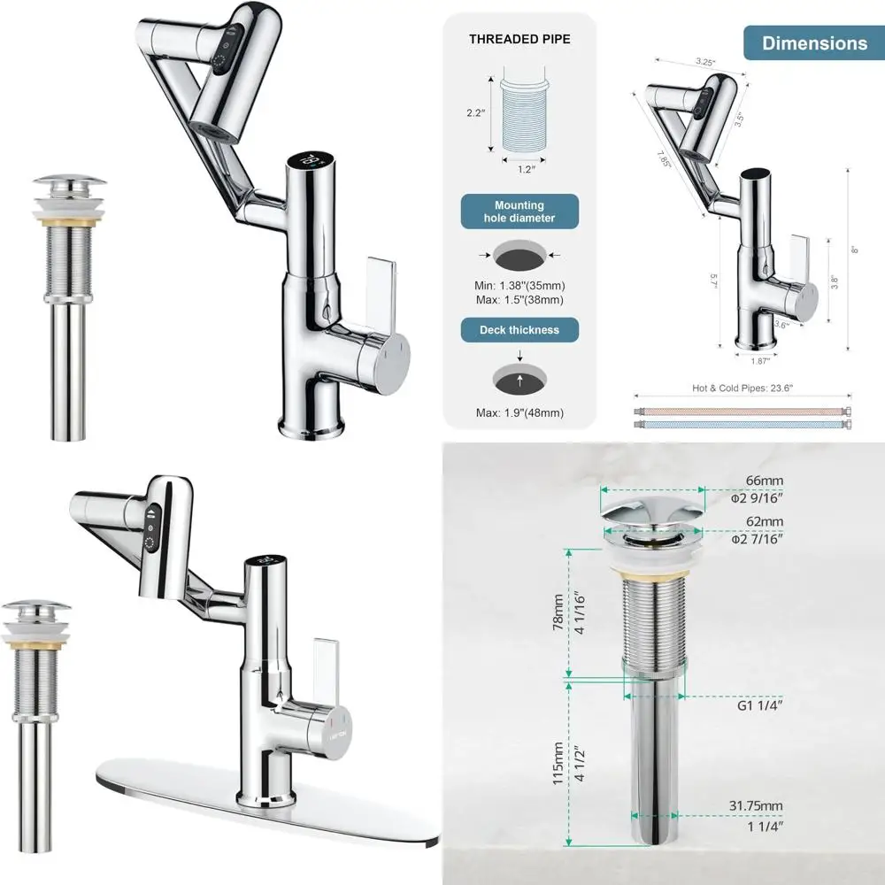 Contemporary Chrome Rotatable Bathroom Faucet with Pop-Up Sink Drain Stopper, No Overflow, Modern Design