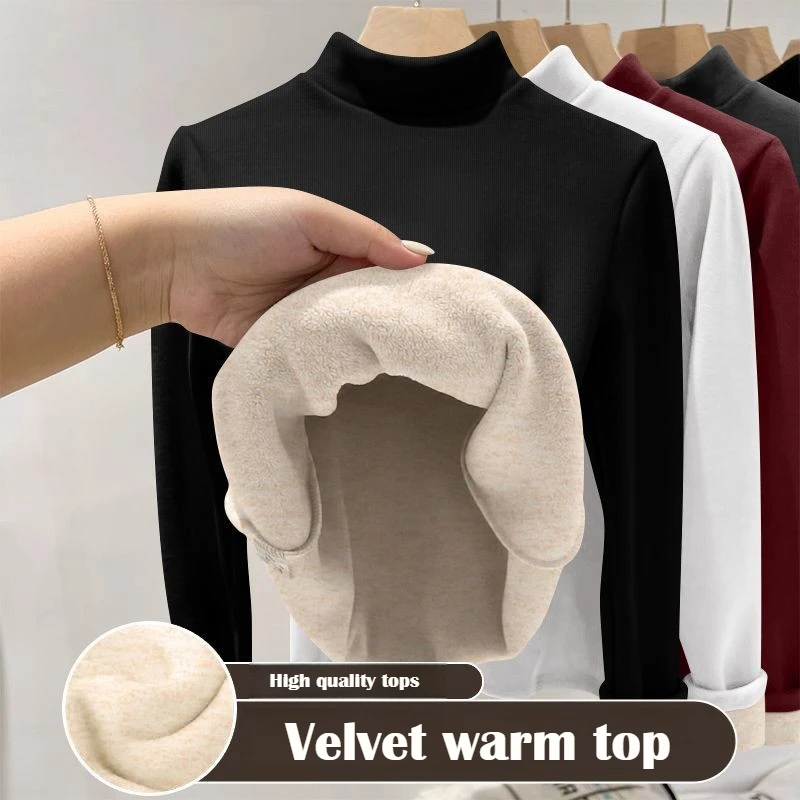 T-shirt à manches longues en laine d'agneau pour femme, collection automne-hiver, haut polyvalent, coupe ajustée, sous-vêtement thermique, vêtement de stockage thermique