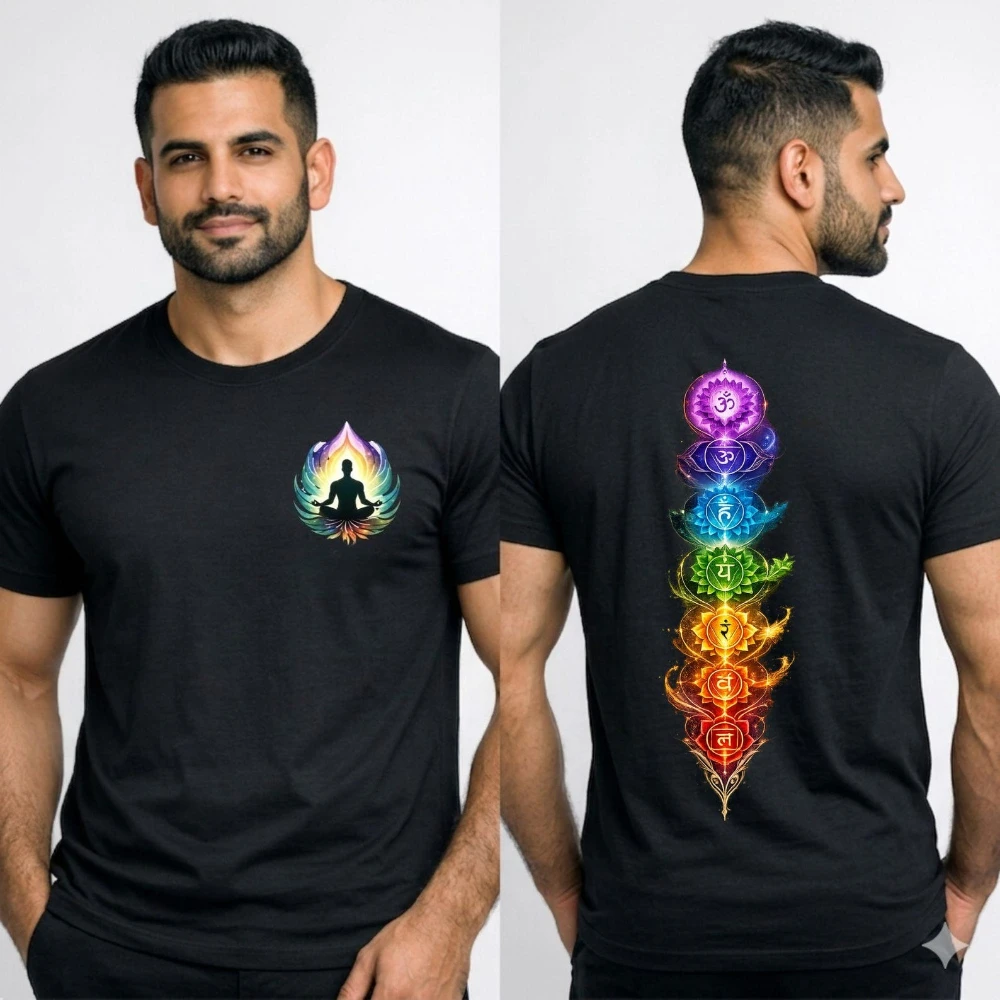 7 Chakra Meditation Men T-Shirt Front Back Print Spiritual Tee Yoga Gift Summer Shirt Chakra Clothing Awakening Gift for Him Her