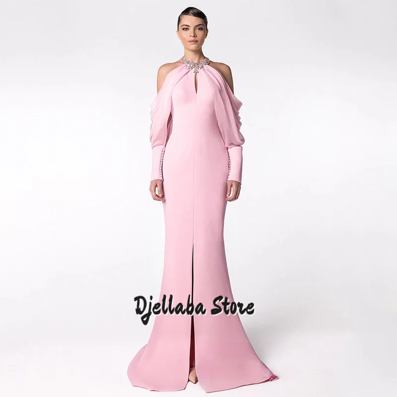 Abito da sera sexy a sirena Abiti da festa Abiti da festa con spacco rosa con maniche lunghe con scollo all'americana personalizzati