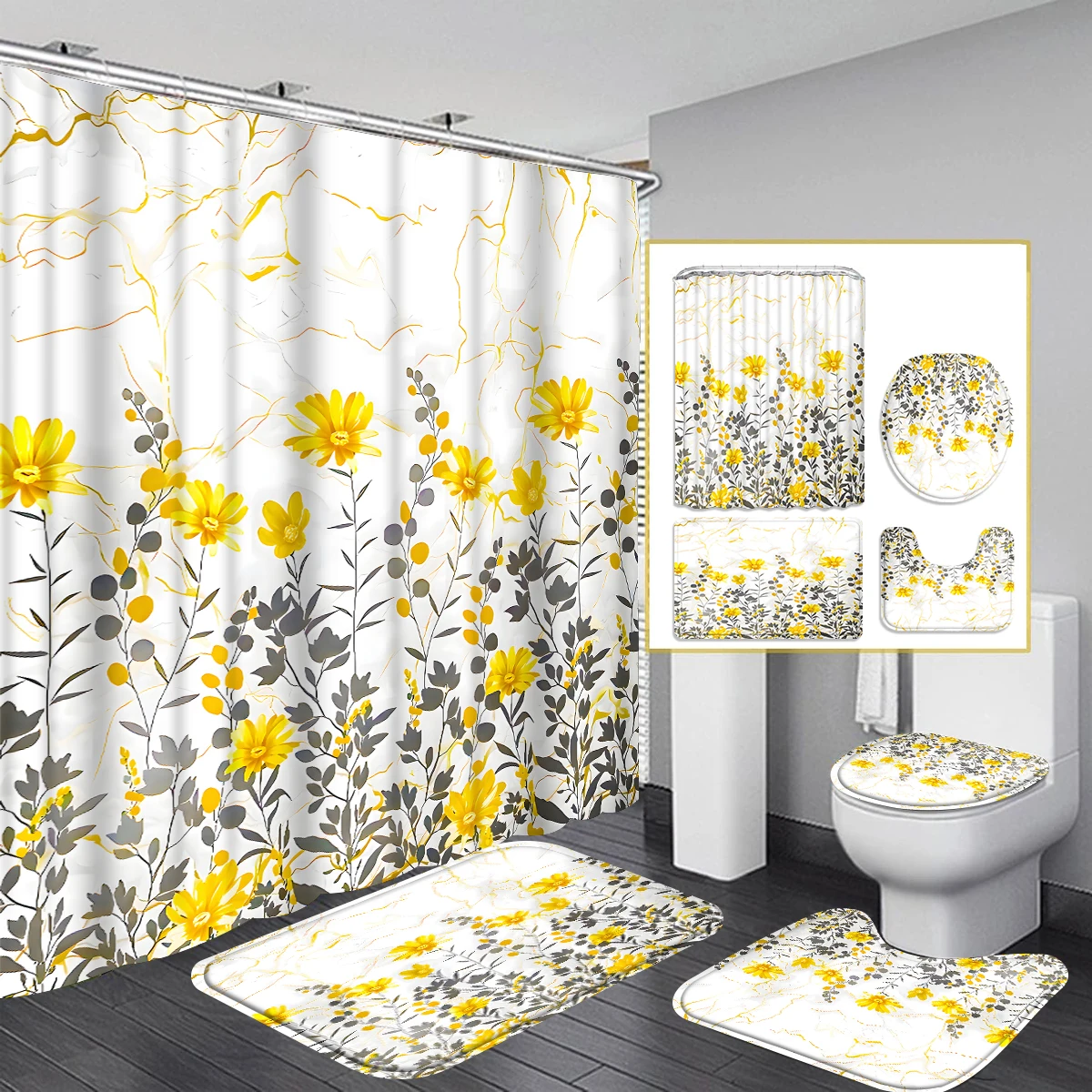 1/4 piece flower simple pattern waterproof shower curtain or waterproof anti-slip shower curtain set, 12 free hooks