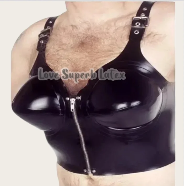 Black Sexy Latex Bra with Inflatable Breasts Zipper Front Rubber Crop Top Lingerie Belted Brassiere for Halloween