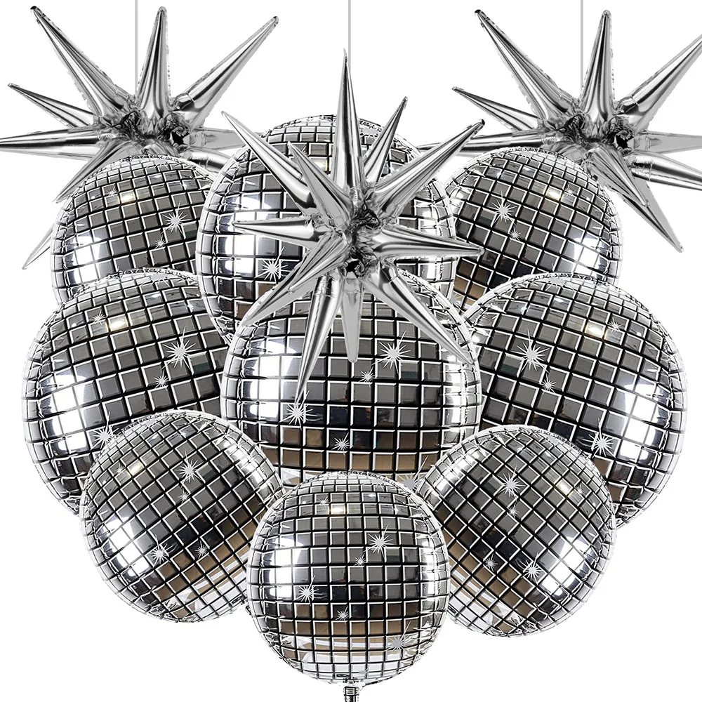 

12 Pcs Disco Ball Balloons Silver Explosion Star Aluminum Foil Balloon Birthday Bachelorette Party 70s 80s 90s Disco Party Decor