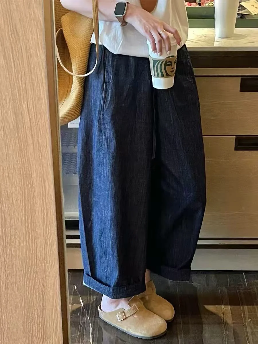 Loose High Waist Wide Leg Blue Jeans Women's Summer Thin Denim Pants Big Size Vintage Straight Cut Trousers Nine Points