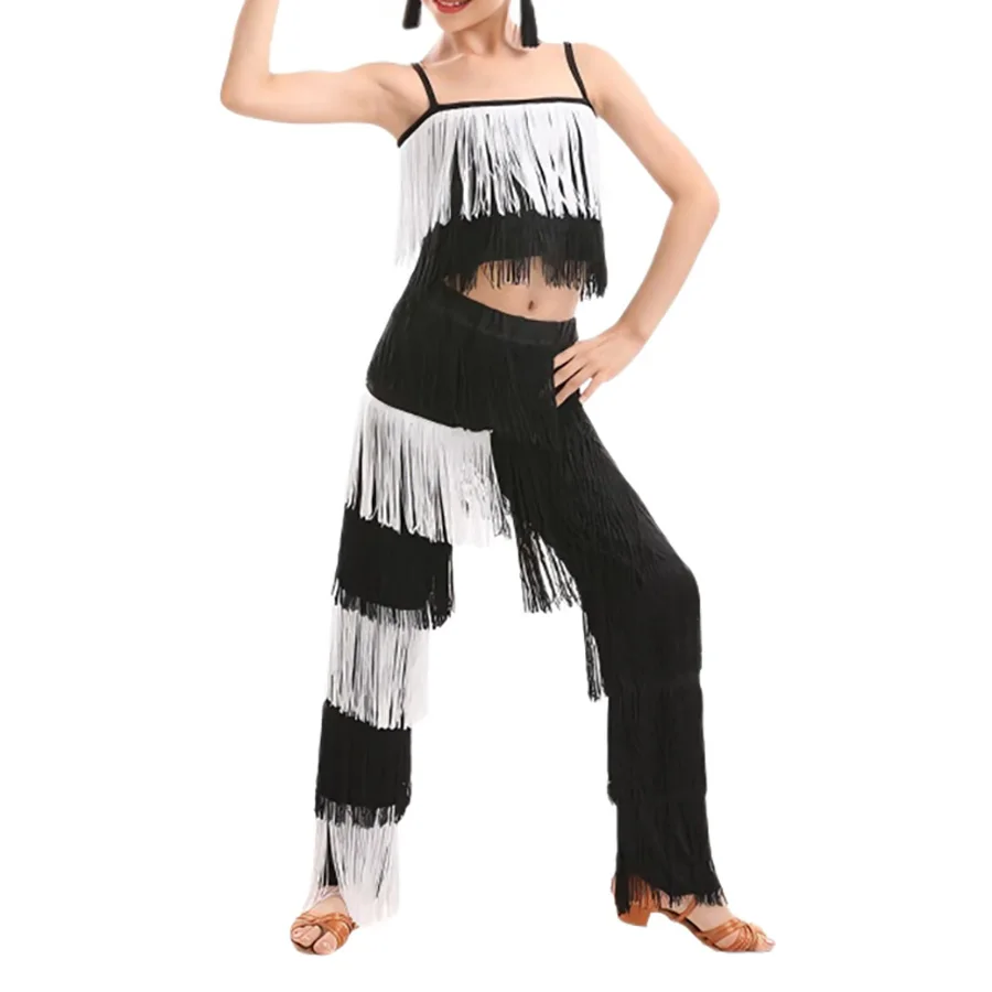 

Latin Dance Dresses Ballroom Fringe Tassel Dress top and Pants Sequin Fringe Salsa Samba Costume Kids Children Girls