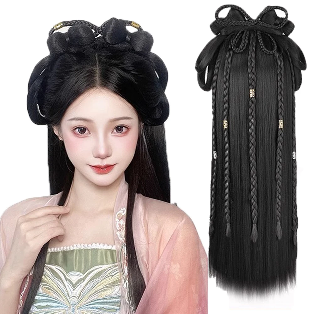 Chinese Ancient Hanfu Wig Synthetic Fiber All-In-One Full-Head Design Ancient-Style Hairstyle Braided Wigs Easy-To-Wear Headband
