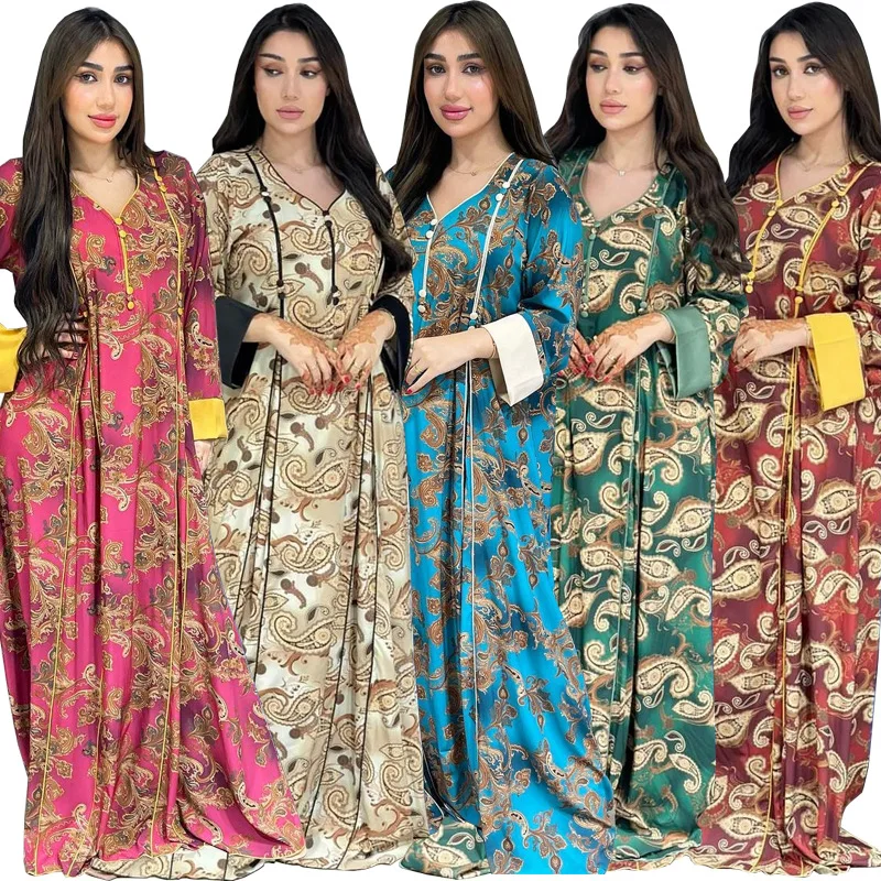 

Muslim Arab Dubai Women's Fashion Printed Robe Middle East Abaya Long Loose Maxi Dress