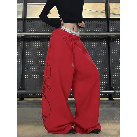 Women Red Oversize Letter Pants Harajuku Baggy Sweatpants Y2k Vintage Streetwear Japanese 2000s Trousers Summer Clothes