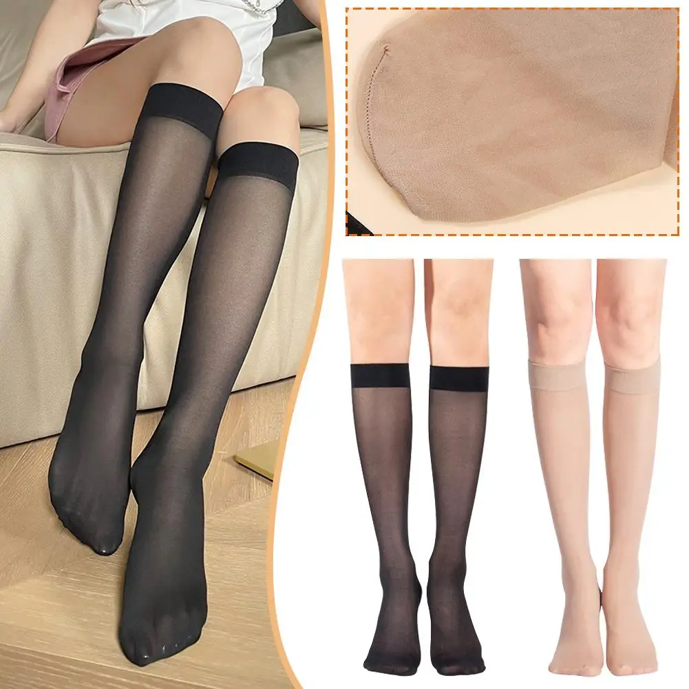 1 Pair Sexy Ultra-Thin Silky Socks Mid-Calf Stockings Transparent Oil Black Ladies Elastic Stocking For Women Girls V3K5