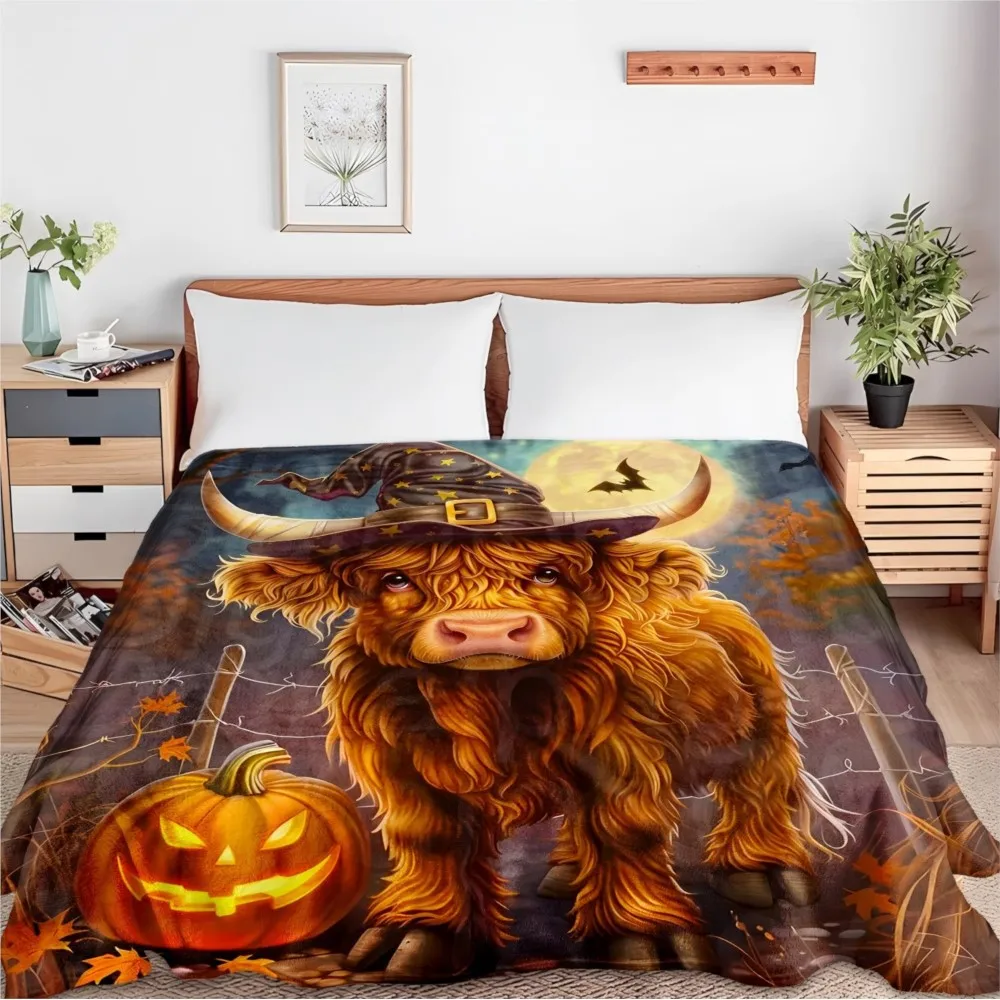 1PC Throw New Cute Highland cow Pumpkin Hats Blanket Halloween Thanksgiving day Gifts for Couch Bed Car Camping all season use