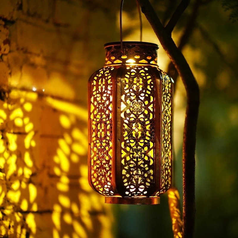 Solar Hexagonal Lantern Iron Hollow Projection Lamp Outdoor Landscape Lamp Courtyard Garden Decoration Atmosphere Lamp