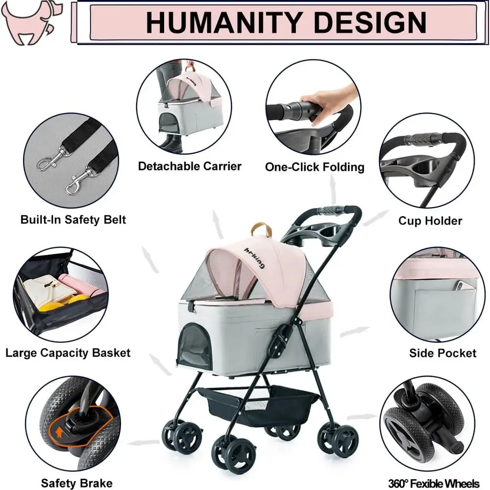 Carrinho de estimação para cães e gatos pequenos, carrinho de cachorro leve dobrável com transportador removível portátil gato filhote de cachorro jogging carrinho