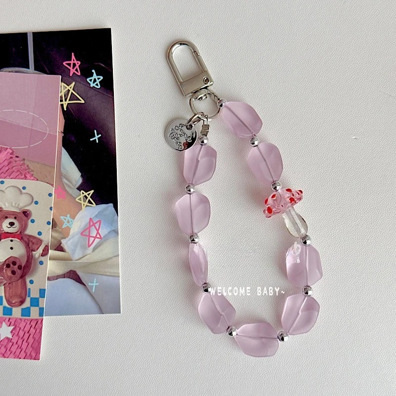

Mushroom Phone Lanyard Key Short Wrist Pendant Colorful Clear Bead Pendant Women's Hand-held Chain Mobile Phone Lanyard Strap