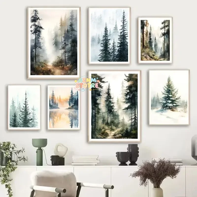 Watercolor Foggy Pine Trees Misty-Forest Lake Winter Landscape Poster Canvas Painting Wall Art Pictures Home Interior Deor