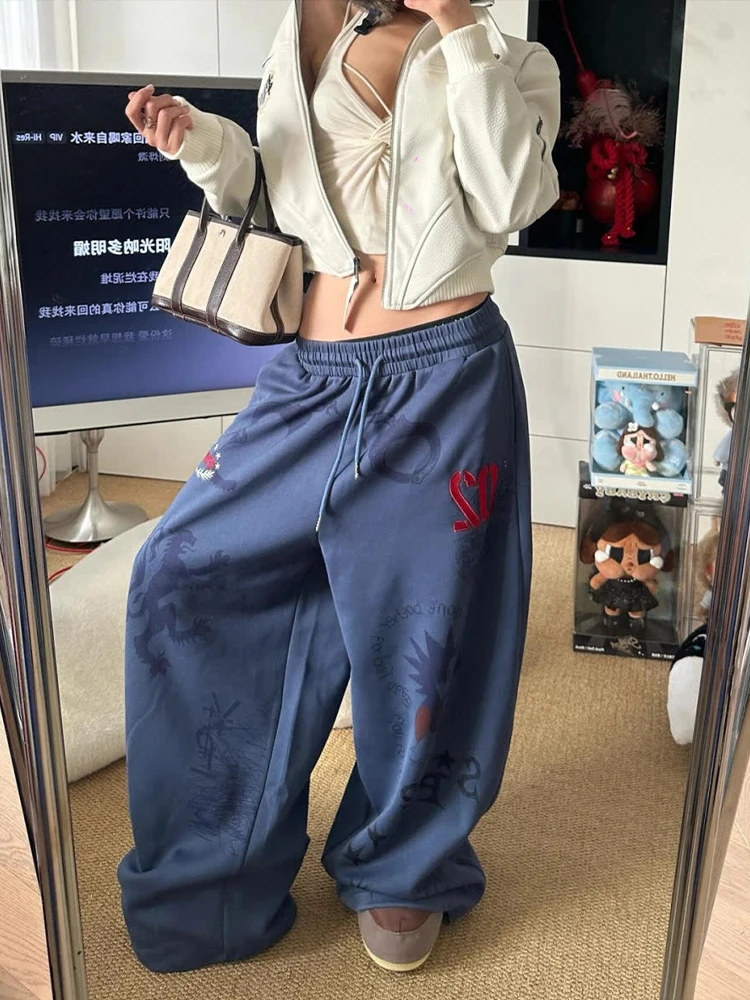 Y2K American Printed Women Wide Leg Pants Summer Thick Loose Drawstring Sweatpants High Waist Streetwear Straight Trousers Mujer