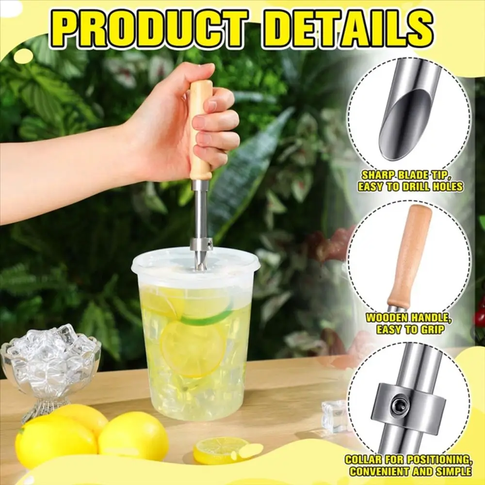 2Pcs Wooden Handle Straw Puncher Punching Tools with Cleaning Brush Straw Hole Puncher Stainless Steel Lemonade Cup Puncher