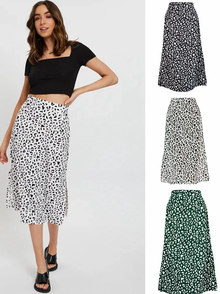 New Summer Fashion  Leopard Print Long Skirts for Women Sexy Chiffon Split Casual Spring Zipper White Black Green