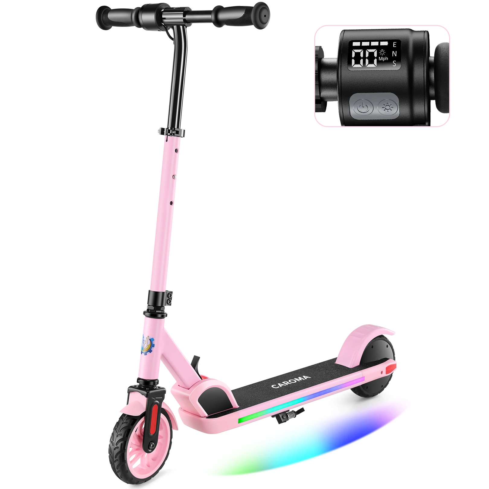 Caroma Kids Electric Scooter, Adjustable Height and Speed, 150W Kids Scooter for Ages 6-14,Colorful Rainbow Lights, Foldable