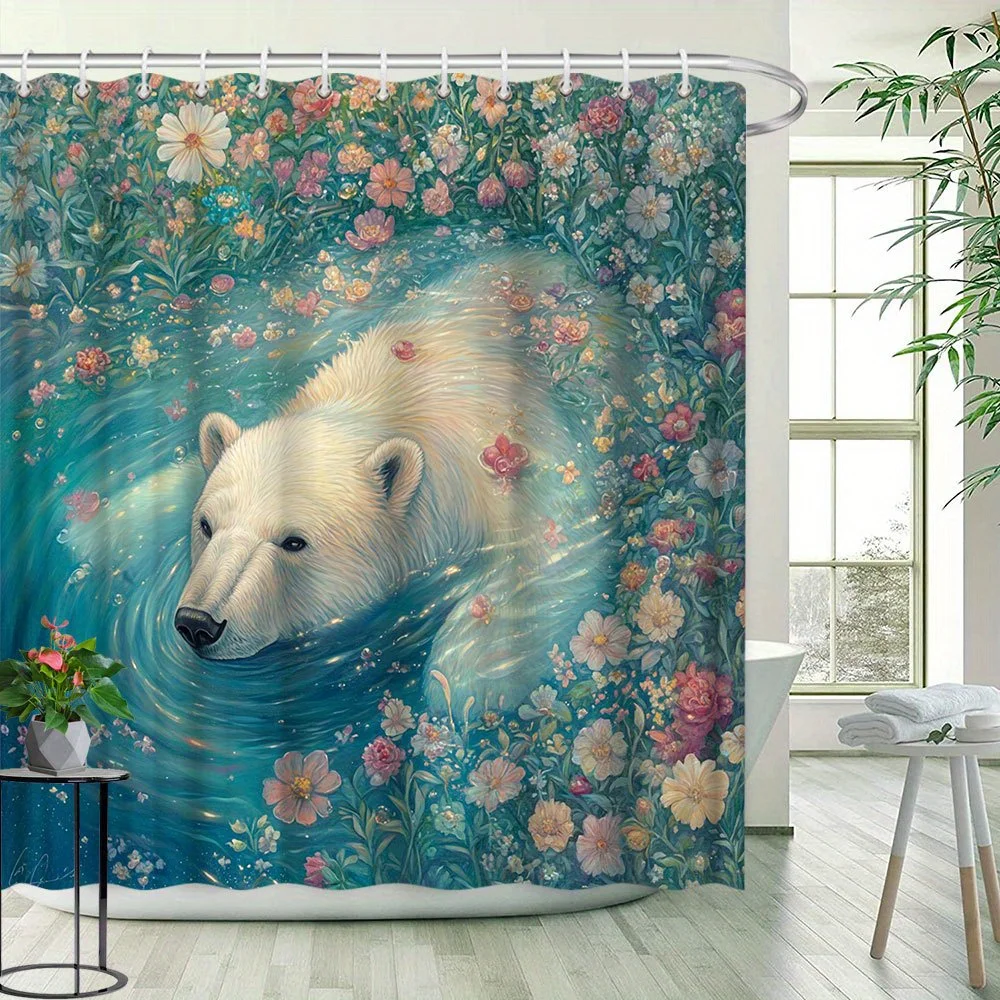 

1pc Polar Bear And Floral Pattern Shower Curtain Creative Natural Scenery Bathroom Decoration Polyester Fabric Contains 12 Hooks