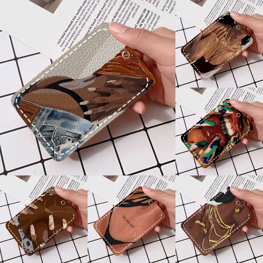 

Держатель для карт в стиле хип-хоп для чернокожих девушек, золотистый, для кредитных карт и проездных, из мягкой кожи, прямоугольный, с брелоком