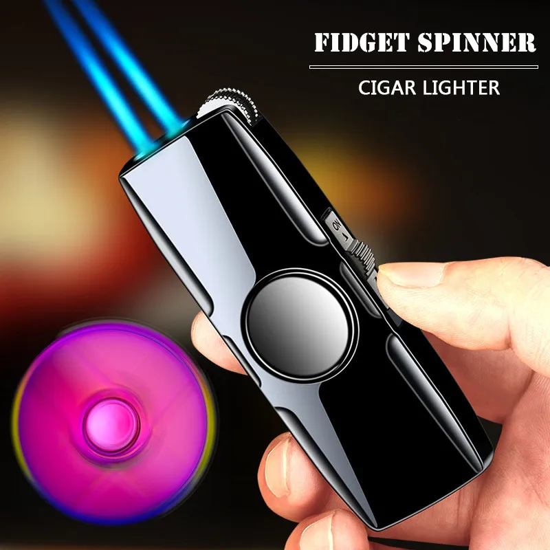 Metalowe Fidget Spinner fajne Butan zapalniczka gazowa wiatroszczelne niebieski płomień dysze Turbo latarka Jet Lighter cygaro dym akcesoria gadżety