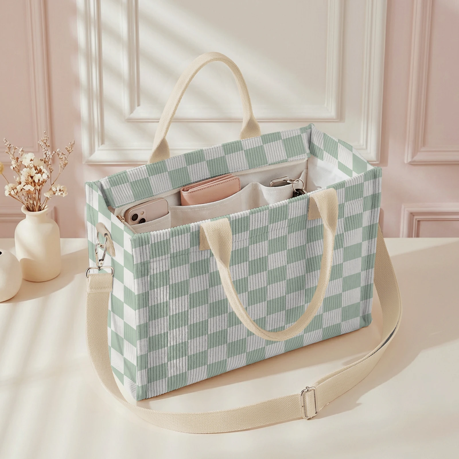 Light Green White Gingham Tote Bag With Matching Zipper Pouch, Adjustable Detachable Shoulder Strap, Multi Front Pockets, For Shopping Work Travel Daily Use